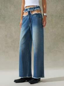 LYSMO Women's High Waisted Open-Hole Design Pocket Straight Leg Jeans, Going Out - Blue - View 4