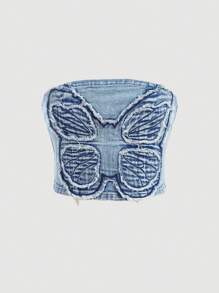 SHEIN Girlism Krótki top z jeansu dla nastolatek w jesiennym stylu Y2K, z delikatnym, spranym wzorem motyli, odpowiedni na co dzień, do podróży, na zewnątrz, do domu, na brunch, na przyjęcie herbaciane, dojazdy do pracy, na lotnisko, na jesień i na powrót do szkoły dla nastolatek - Średni jeans - Zobacz 4