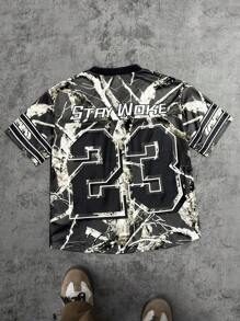 Teen Girl Street Basketball Jersey, Oversized Mesh Camo V-Neck Tee Shirt With 23 Number Print, Hip Hop Style