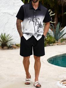 Manfinity RSRT Conjunto de camisa y pantalones cortos negros con degradado y estampado de palmeras para hombre de talla grande, atuendo de vacaciones