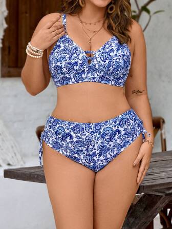 SHEIN Swim Curve Damen Große Größen 2-teiliges Lässig Urlaubs Bikini Set mit zufälligem blauem Cashew Blume Muster, verstellbare Träger und Kordelzug an hoher Taille gefalteter Hose