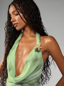 MISSGUIDED Cowl Neck Halter Crop Top With Starfish Brooch Backless Evening Party Summer Beach Wedding Guest Blouse - Green - View 4