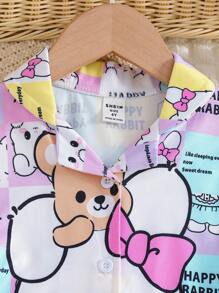 年轻女孩可爱兔子格纹阻燃面料开衫短袖短裤休闲家居服套装，流行服装 - 彩色 - 查看 6