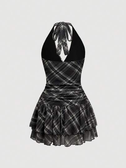 J-Fashion Vintage Sweet Plaid Print Skater Dress For Women
