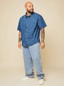 EASEVO Plus Size Men Casual Denim Shirt With Pearl Decor, Suitable For Summer
