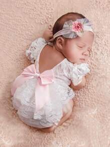 SHEIN Newborn Girl Lace Romper Set For Photoshoot Pink Ribbon Bow Romper Newborn Photo Props Infant Photography Outfit - White - View 5