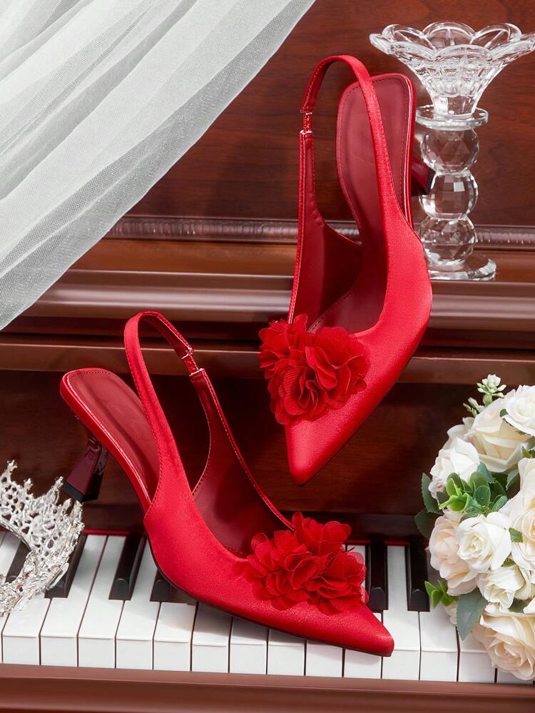 CUCCOO HITCHD Zapatos de mujer de tacón stiletto de punta afilada con estampado floral, tacones altos de satén elegantes y románticos en color rojo, zapatos formales para vestido para boda, novia, fiesta y eventos