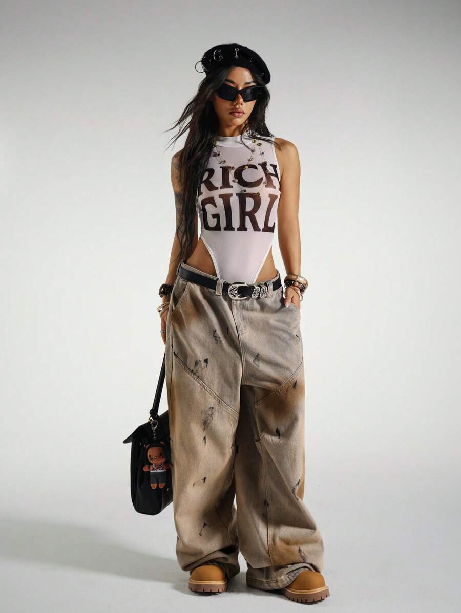 StreetHx 女式朋克摇滚女孩字母印花性感透明网眼无袖紧身衣 - 白色 - 查看 1