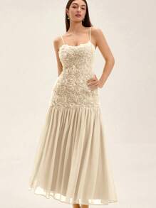 GENKIRA 优雅连衣裙，采用 3D 黄玫瑰纹理面料，修身腰部，拼色雪纺裙，浪漫百搭派对礼服 - 米色 - 查看 6