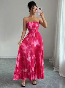 Rafferiza 女士花卉印花褶皱优雅抹胸连衣裙 - 玫紅色 - 查看 5