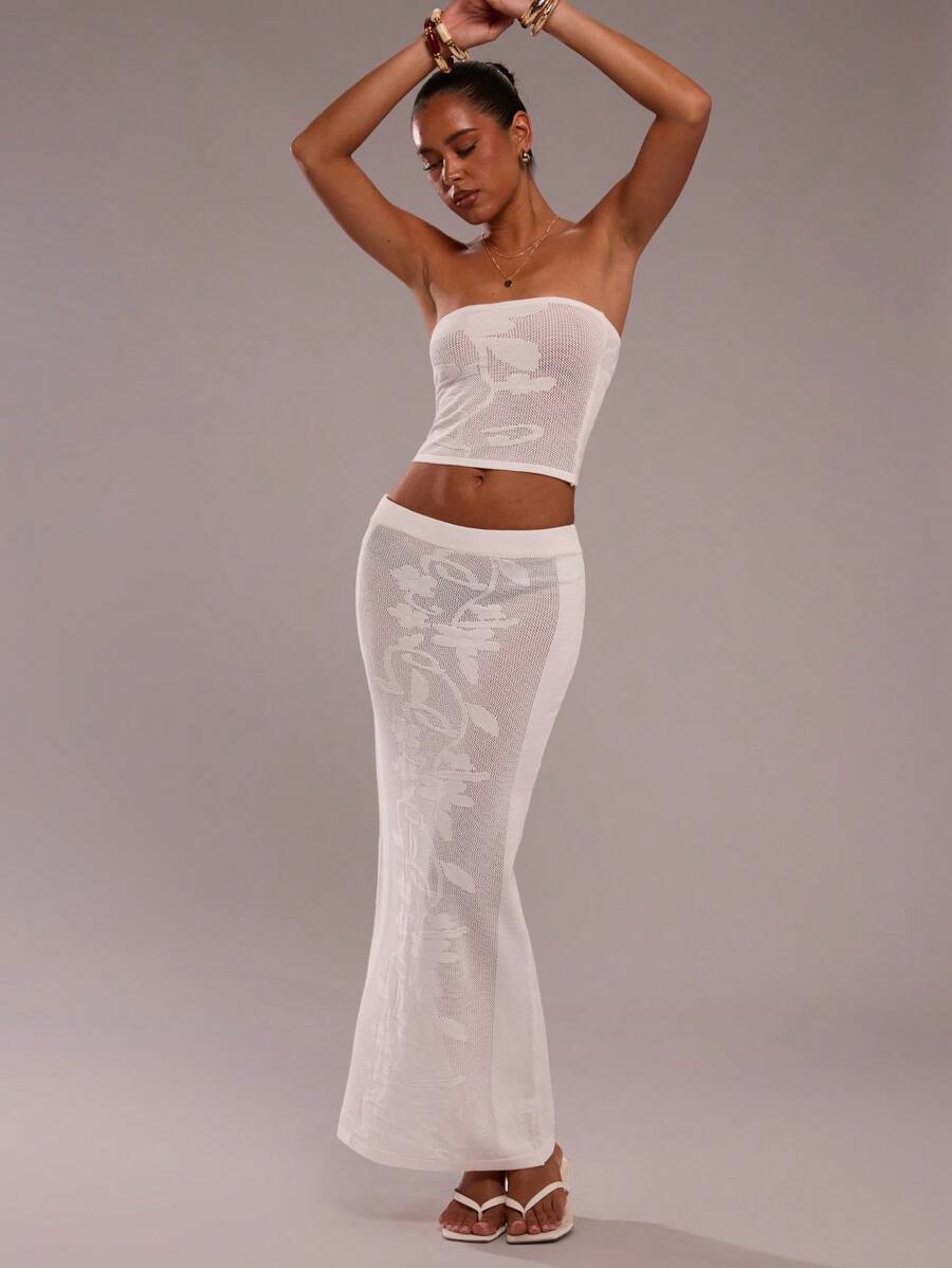 SHEIN BAE 女士两件套：修身刺绣抹胸和裙子，全白派对装 - 白色 - 查看 1