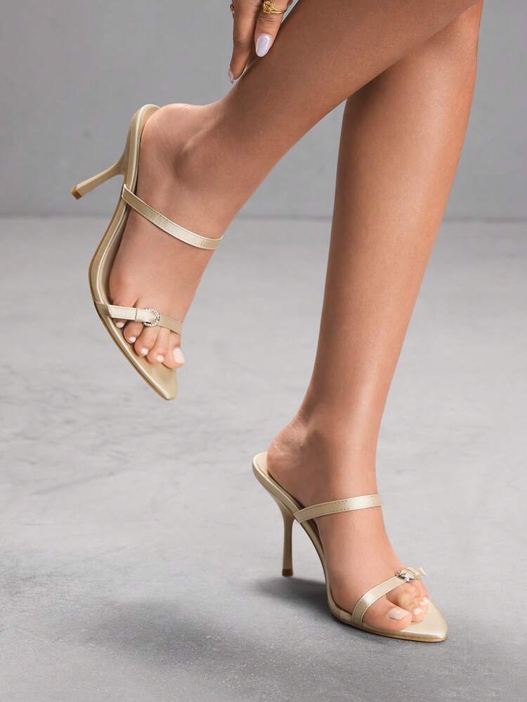 CUCCOO SZL Champagne Satin Pointed Toe Rhinestone Buckle Strap Sexy Fashion High Heel Sandals