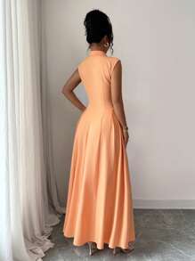 Elenzga 新款女式无袖领口连衣裙，手工腰部褶饰，休闲度假/通勤装，百搭修身优雅开襟连衣裙 - 橘色 - 查看 2