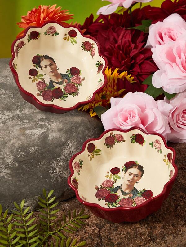 Frida Kahlo X SHEIN 1 pieza Tazón de cerámica con diseño de pétalos, resistente al calor, apto para microondas y lavavajillas, adecuado para cereales, frutas, sopas, etc.