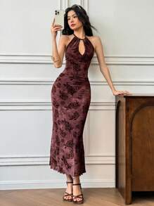 EastFlair 女士花卉印花镂空设计修身优雅中长款V领连衣裙 - 棕色 - 查看 3