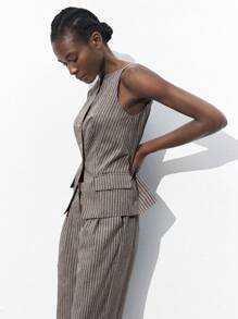 Maija 2025 Autumn/Winter New Striped Exposed Shoulder Spaghetti Strap Front Open Single-Breasted Women's Suit Jacket & Top, Modern Elegant Urban Romantic Refined Minimalist Y2K Country Music Festival Vintage Korean Airport Travel Street Style Wedding Guest Birthday Party Business Casual Office Date Party Outgoing Airport Back To School Fall/Winter Women's