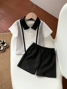 SHEIN 2 件装男婴/0-3 岁宝宝春夏休闲日常绅士风 Polo 领撞色华夫格 Polo 衫 + 短裤套装，婴儿春夏服装，黑/白/灰中性色，百搭