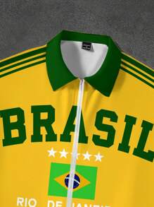 SHEIN 巴西足球运动员青少年男孩休闲图案印花 Polo 领拉链短袖衬衫 - 彩色 - 查看 3