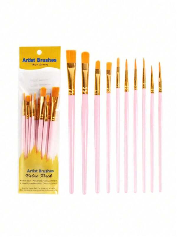 SHEIN 10pcs 2025 New Plastic Handle 10 Pieces Painting Brush Set, Oil Painting, Watercolor, Hand Painting, Art Brushes Set / Slight Glue Overflow Is Inevitable