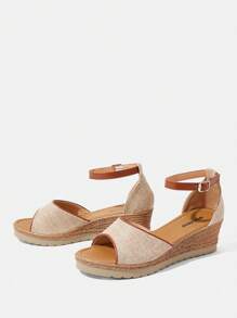 Styleloop Women's Platform Espadrille Rope Wedge Sandals, Linen Fabric, Thick Sole, Buckle Strap, Fashion Roman Style For Summer - Apricot - View 3