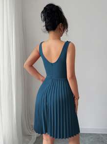 Elenzga 无袖V领珍珠装饰蝴蝶结腰褶优雅浪漫女士连衣裙 - 水鴨藍 - 查看 2