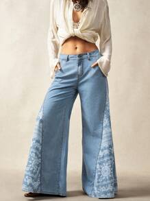 Bohemela 大码女式花卉印花口袋阔腿宽松休闲牛仔裤