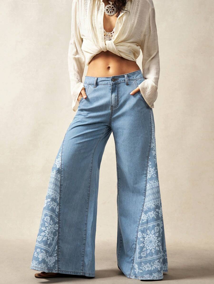 Bohemela 大码女式花卉印花口袋阔腿宽松休闲牛仔裤