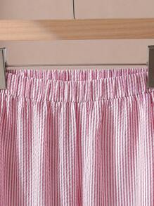 SHEIN 2 pièces/set Ensemble de chemise à manches courtes en coton tissé rayé et pantalon large pour jeunes filles. Décontracté pour printemps/été, villégiature, vacances, été, voyage