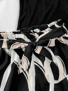SHEIN Conjunto de chaleco negro + shorts sueltos con diseño asimétrico, estilo de resort de verano para adolescentes chicas