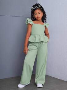 SHEIN 青少年女孩优雅编织纯色短袖衬衫和裤子套装，日常服装