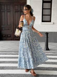 Pariaura 细肩带拼接宽下摆长款休闲宽松度假风连衣裙 - 藍白色 - 查看 7