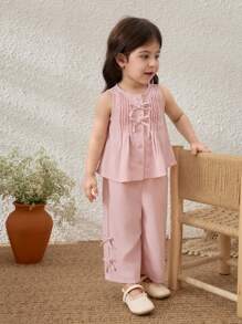 Blossori Conjunto de top sin mangas con acento de lazo y pantalones de ajuste holgado para niñas bebé de estilo campo - Rosa - Ver 1