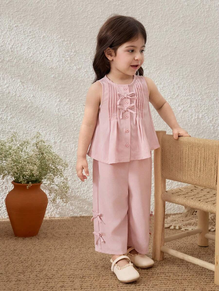 Blossori Conjunto de top sin mangas con acento de lazo y pantalones de ajuste holgado para niñas bebé de estilo campo - Rosa - Ver 1