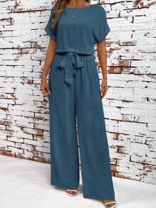 SHEIN Clasi Plus Size Solid Color Batwing Sleeve Jumpsuit,Summer Casual - Teal Blue - View 1