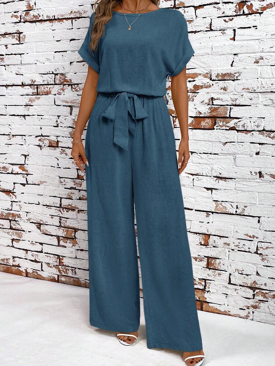 SHEIN Clasi Plus Size Solid Color Batwing Sleeve Jumpsuit,Summer Casual - Teal Blue - View 1