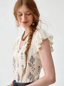 Florisole 波西米亚风盖袖V领蕾丝拼布休闲衬衫 - 杏色 - 查看 7