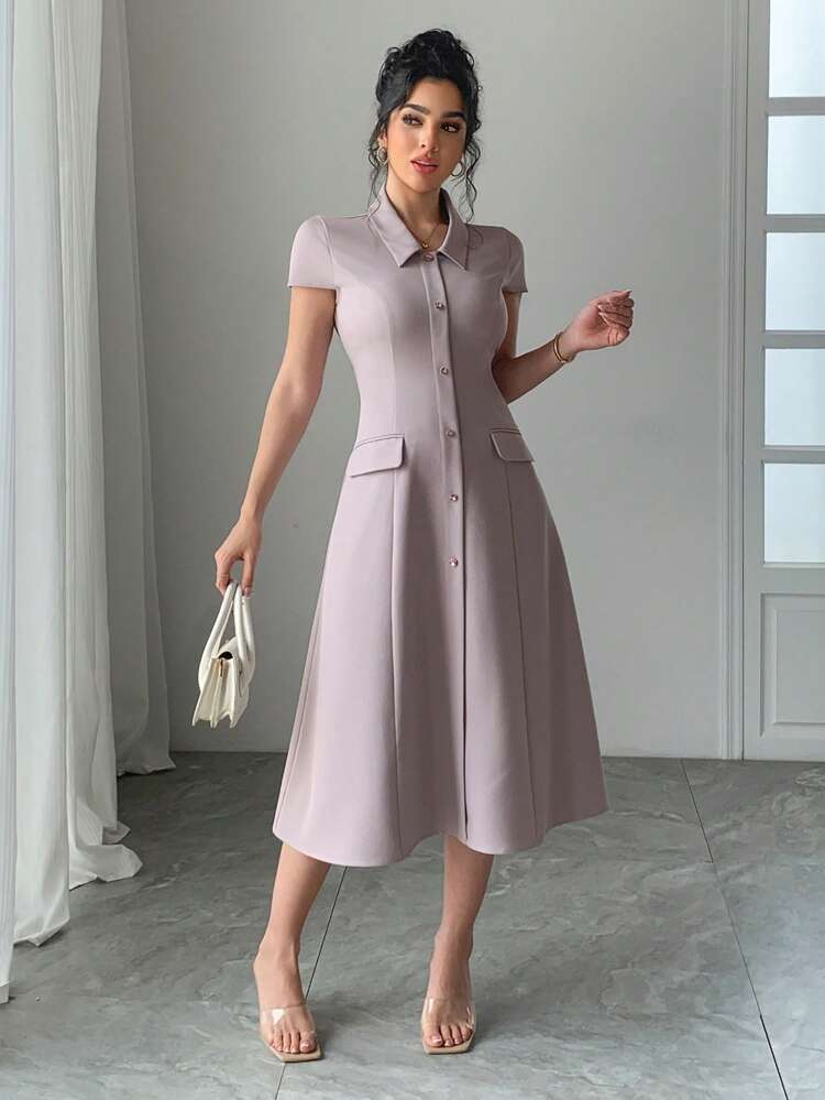 Women Summer Short Sleeve Polo Collar Cinched Waist Mid-Length Dress