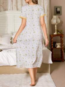 CottageSlumber 女式 V 领短袖睡袍，带有碎花、色块、蕾丝和蝴蝶结设计夏季睡袍花卉睡袍睡裙女式睡袍丰盛的花卉光彩