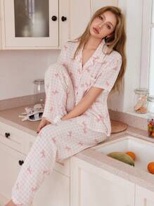 Softscene Pink Plaid & Bow Print Lapel Loose Short Sleeve Pajama Set For Women - Pink - View 7