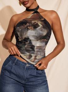 Mathilde Lhomme Top sexy transparent cu imprimeu grafic din plasă, cu guler halter și nod, cu guler rotund, tip bandeau