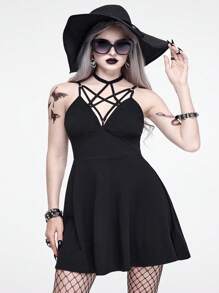 ROMWE Goth Vestido de verano mini sexy de unicolor y talla grande con estilo gótico para mujeres - Negro - Ver 2