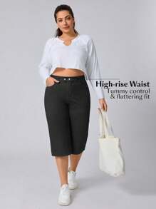 Flexra Plus Size Women Elastic Casual Straight Leg Capri Jeans - Dark Grey - View 6