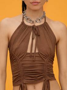 COUREZ Top con cuello halter y fruncido delantero / Blusas de verano / Casual de calle / Vintage Y2K - Marrón - Ver 5