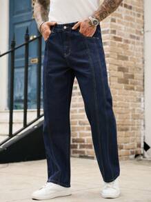 Manfinity Homme 男士休闲百搭口袋装饰阔腿牛仔裤 - 深色水洗藍 - 查看 4