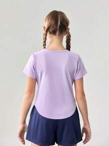JNSQ Camiseta deportiva ajustada para niña preadolescente, camiseta deportiva ajustada con estampado divertido de cuello redondo para niños - Morado - Ver 3