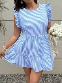 SHEIN PETITE Plus Size Women Striped Cap Sleeve A-Line Dress - Blue - View 5