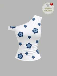 Modelyn Women's Asymmetrical Ruffle Decoration Printed Slim Fit Blouse,Cute Summer Top - Multicolor - View 1