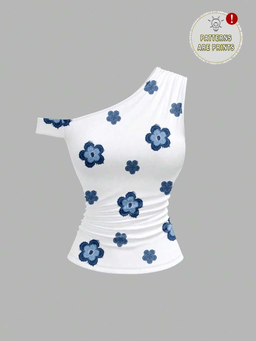 Modelyn Women's Asymmetrical Ruffle Decoration Printed Slim Fit Blouse,Cute Summer Top - Multicolor - View 1