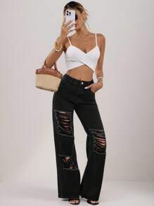 EMERY ROSE Women's Pocket Ripped Flare Loose Casual Versatile Jeans