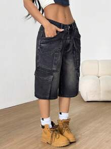 SHEIN 女式宽松阔腿休闲牛仔短裤，带刺绣和口袋